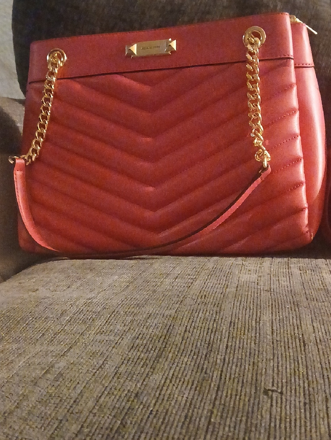 Quilted Red Shoulder Bag With Gold Chain Detail